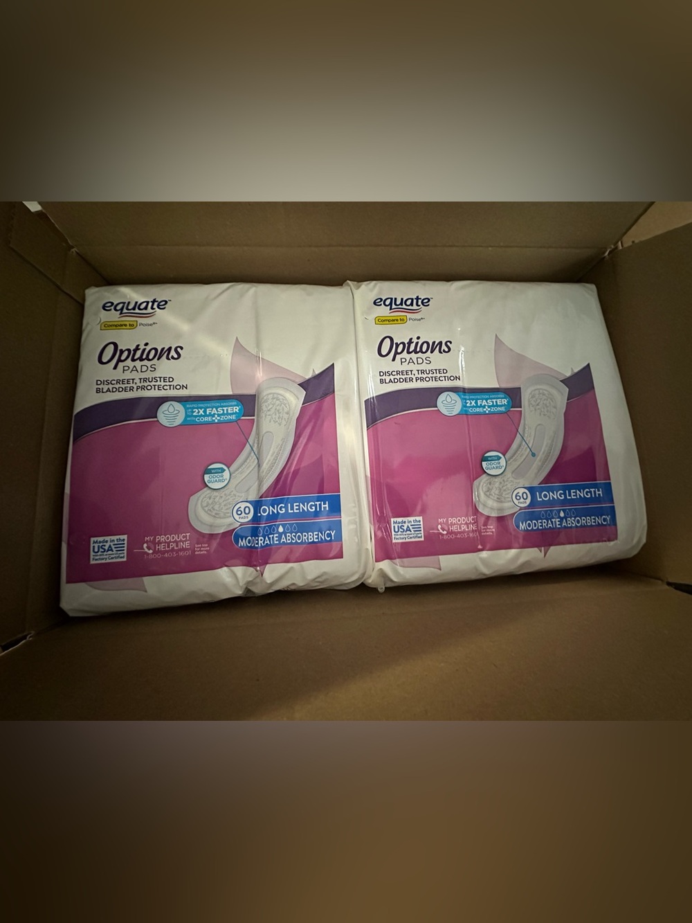 2 PACK Equate Options Incontinence Pads for Women, Long Length, 60 Ct new